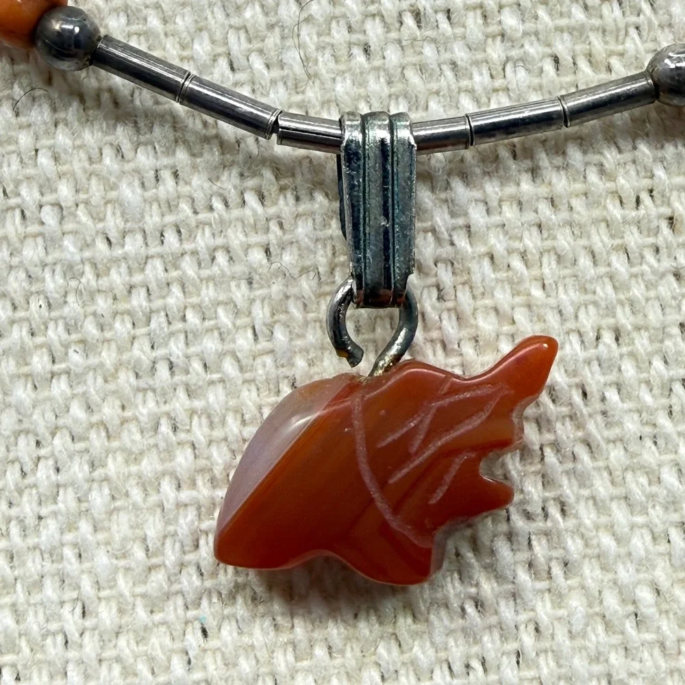 Southwestern Liquid Silver Beaded Necklace Red Stone Animal Fetish Pendant